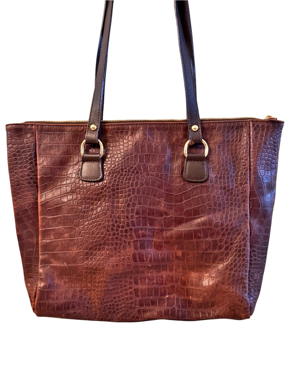 Valentina Brown Croc Embossed Leather Tote Bag Large Italy Work Carryall Purse - Picture 3 of 11